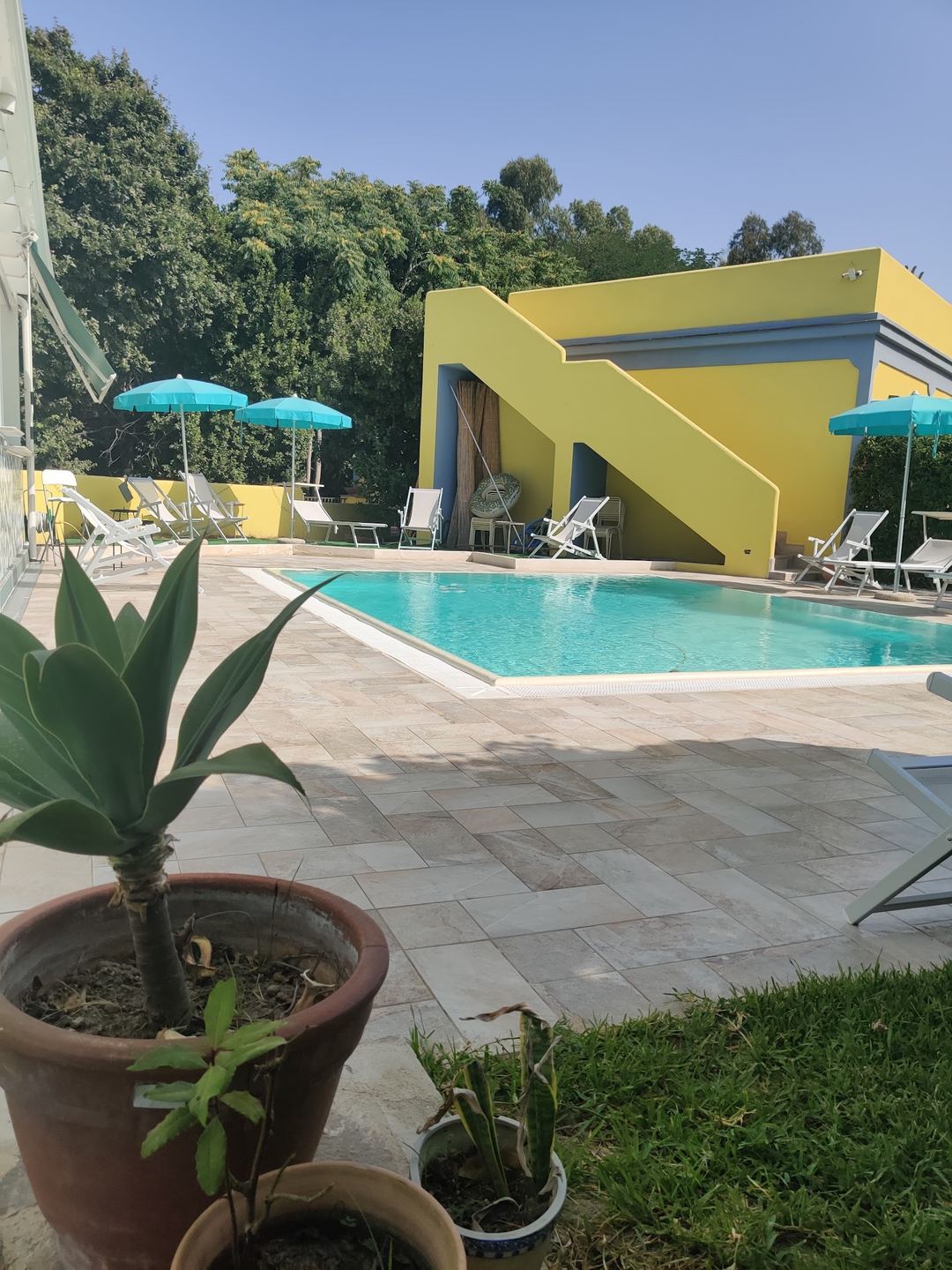 The hotel's swimming pool area features bright yellow modern architecture, turquoise umbrellas, loungers, and lush surrounding trees under clear skies.